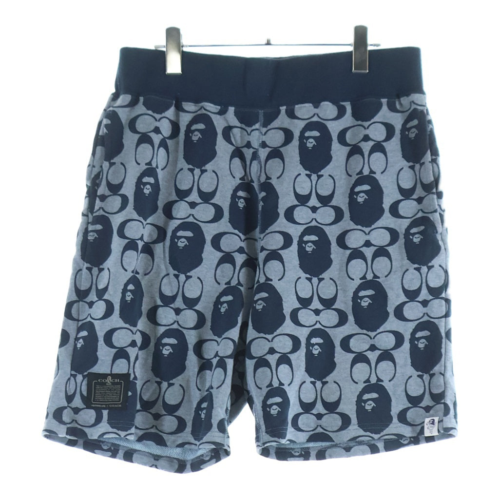 A BATHING APE(アベイシングエイプ) 21SS × COACH Signature Monkey Pants コーチ シグネチャー エイプヘッド 総柄 スウェットハーフパンツ ショーツ グレー/ネイビー 001SPH731902C