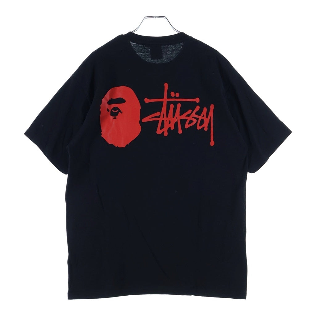 STUSSY(ステューシー) ×A BATHING APE フロント刺繍 バックロゴプリント 半袖Tシャツ カットソー ブラック