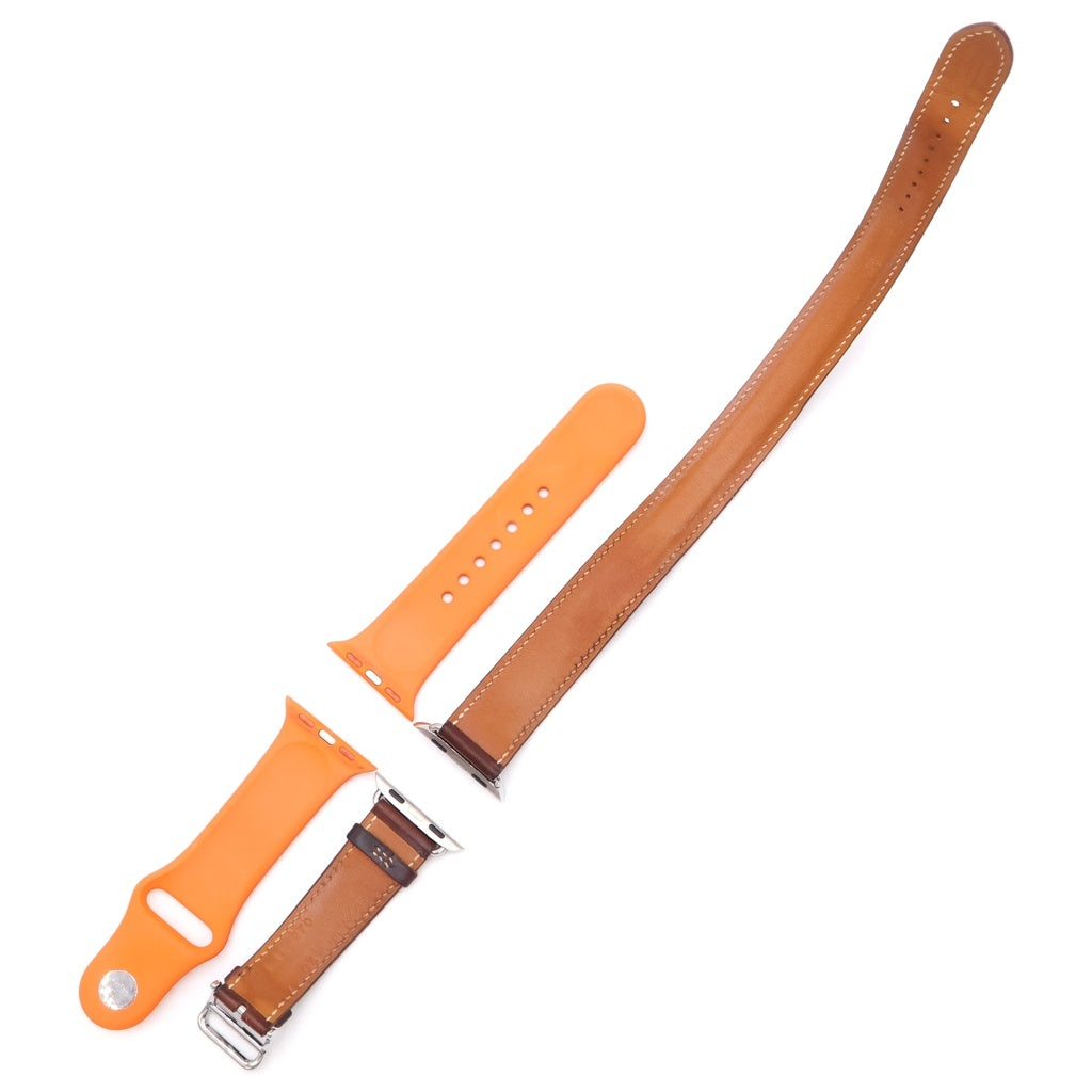 HERMES(エルメス) Apple Watch アップルウォッチ ドゥブルトゥール レザー ラバー ウォッチバンド ブラウン/オレンジ