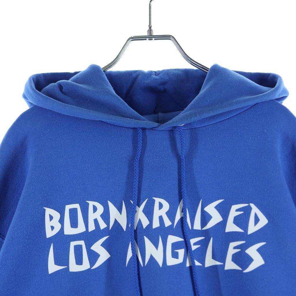 BORN X RAISED(ボーンアンドレイズド) Logo Print Hoodie CHAMPIONボディ フロント ロゴプリント プルオーバー パーカー ブルー