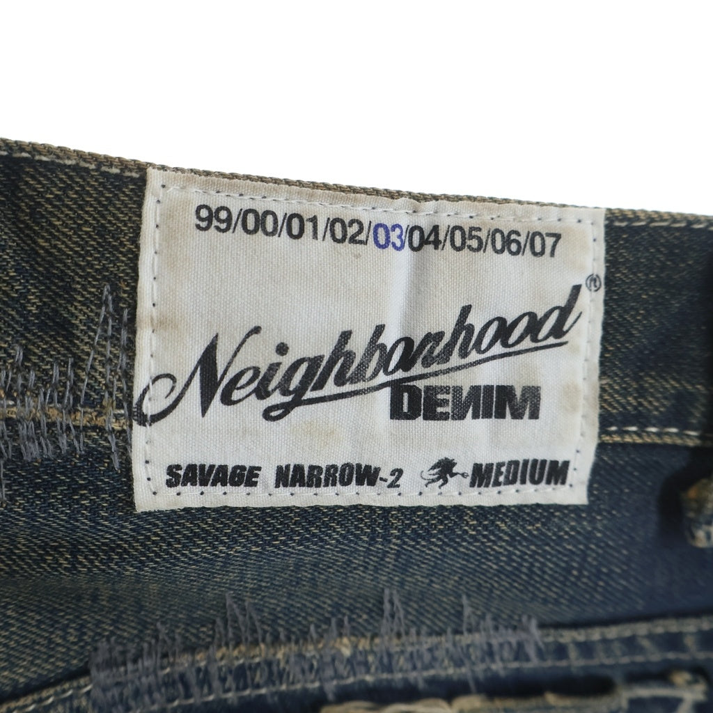 ネイバーフッド 03 ダメージ加工 革パッチ ナロー ストレートデニム ジーンズ NEIGHBORHOOD(ネイバーフッド) 2003 MAX SAVAGE NARROW-2 DENIM PANT