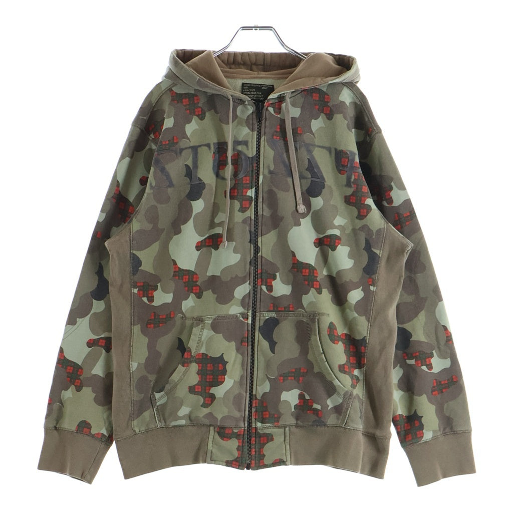 STUSSY(ステューシー) 00s チェックカモ フロッキー プリント ジップアップ スウェット パーカー カーキ