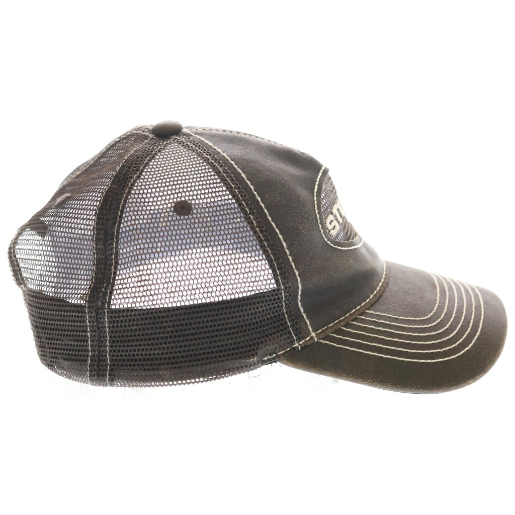 STUSSY(ステューシー) Cut Out Leather Trucker Cap ロゴ刺繍 カットアウト レザー メッシュ トラッカーキャップ ブラウン