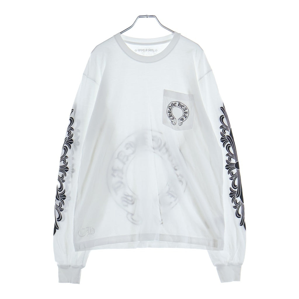 CHROME HEARTS(クロムハーツ) FLRL CRS HORSESHOE L/S バックホースシュー 袖フローラル ロングスリーブ 長袖Tシャツ カットソー ホワイト