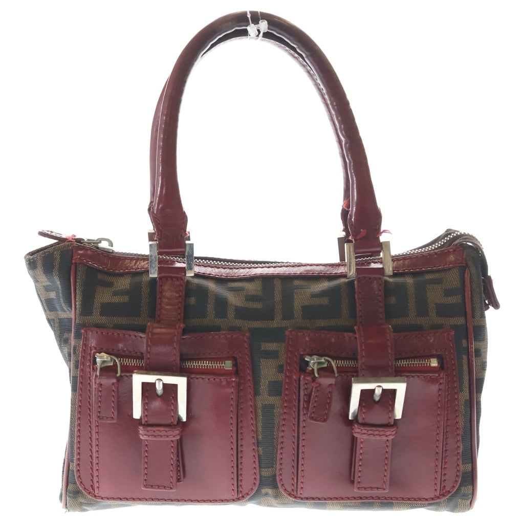 FENDI(フェンディ) FF ズッカ柄 レザー切り替え ダブルポケット ハンドバック レッド/ブラウン レディース