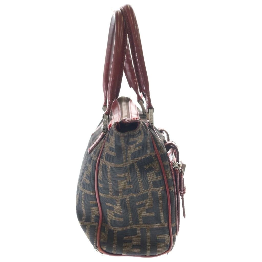 FENDI(フェンディ) FF ズッカ柄 レザー切り替え ダブルポケット ハンドバック レッド/ブラウン レディース