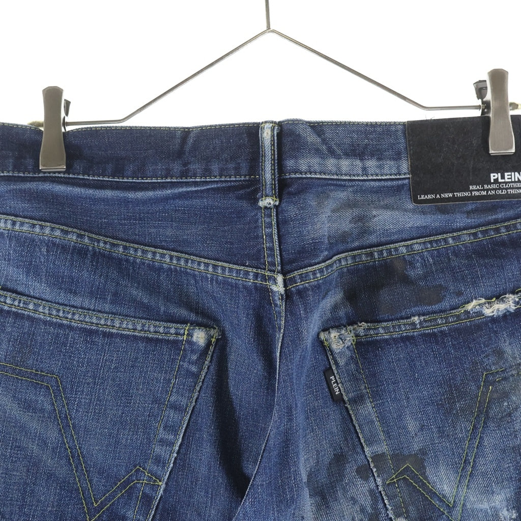 PLEIN(プレイン) ヴィンテージ ダメージ ペイント加工 ボタンフライ ストレートジーンズ デニム インディゴ