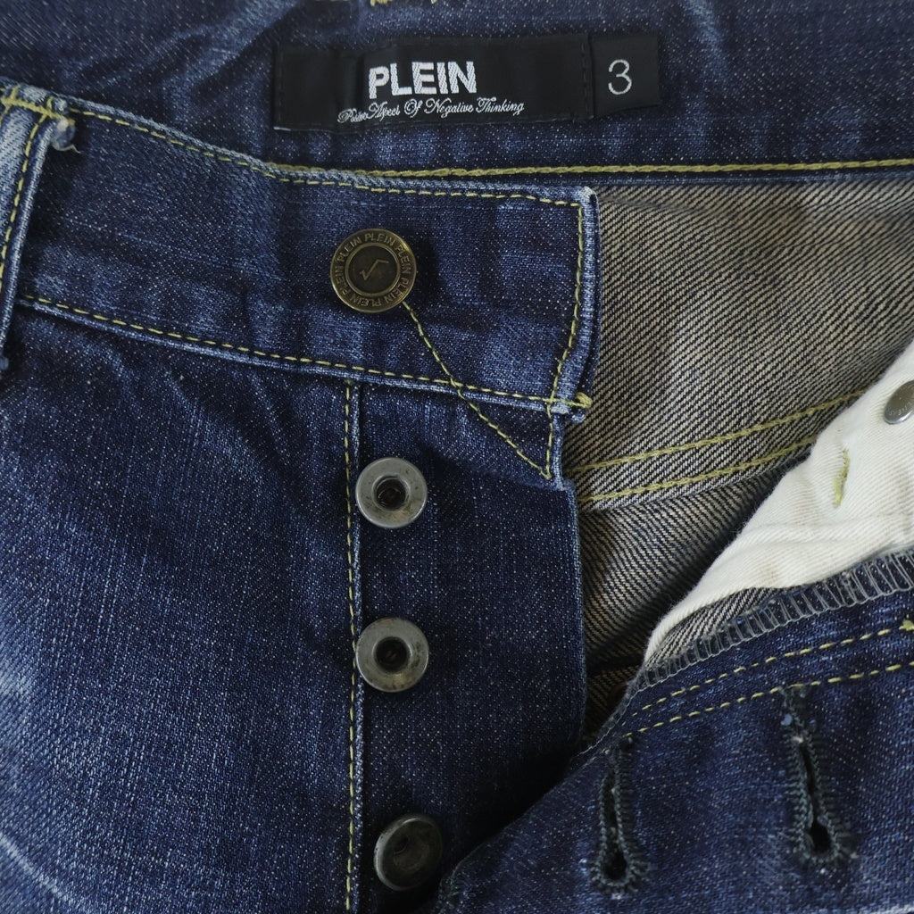 PLEIN(プレイン) ヴィンテージ ダメージ ペイント加工 ボタンフライ ストレートジーンズ デニム インディゴ