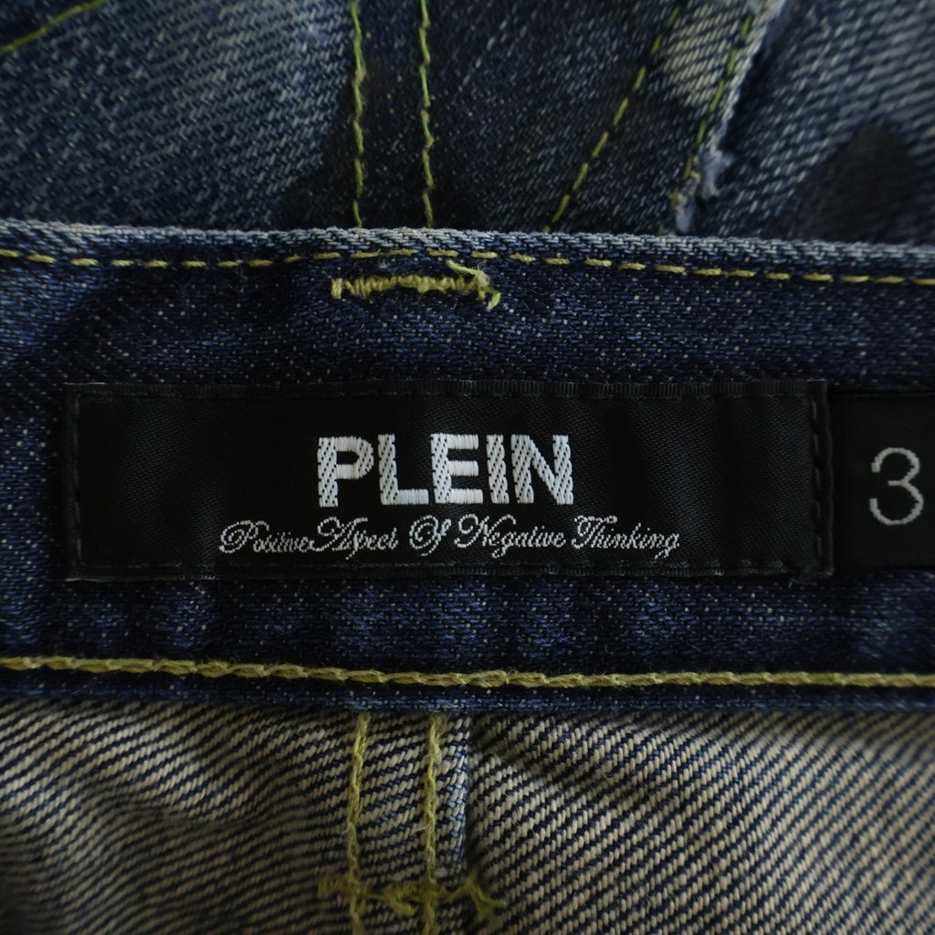 PLEIN(プレイン) ヴィンテージ ダメージ ペイント加工 ボタンフライ ストレートジーンズ デニム インディゴ