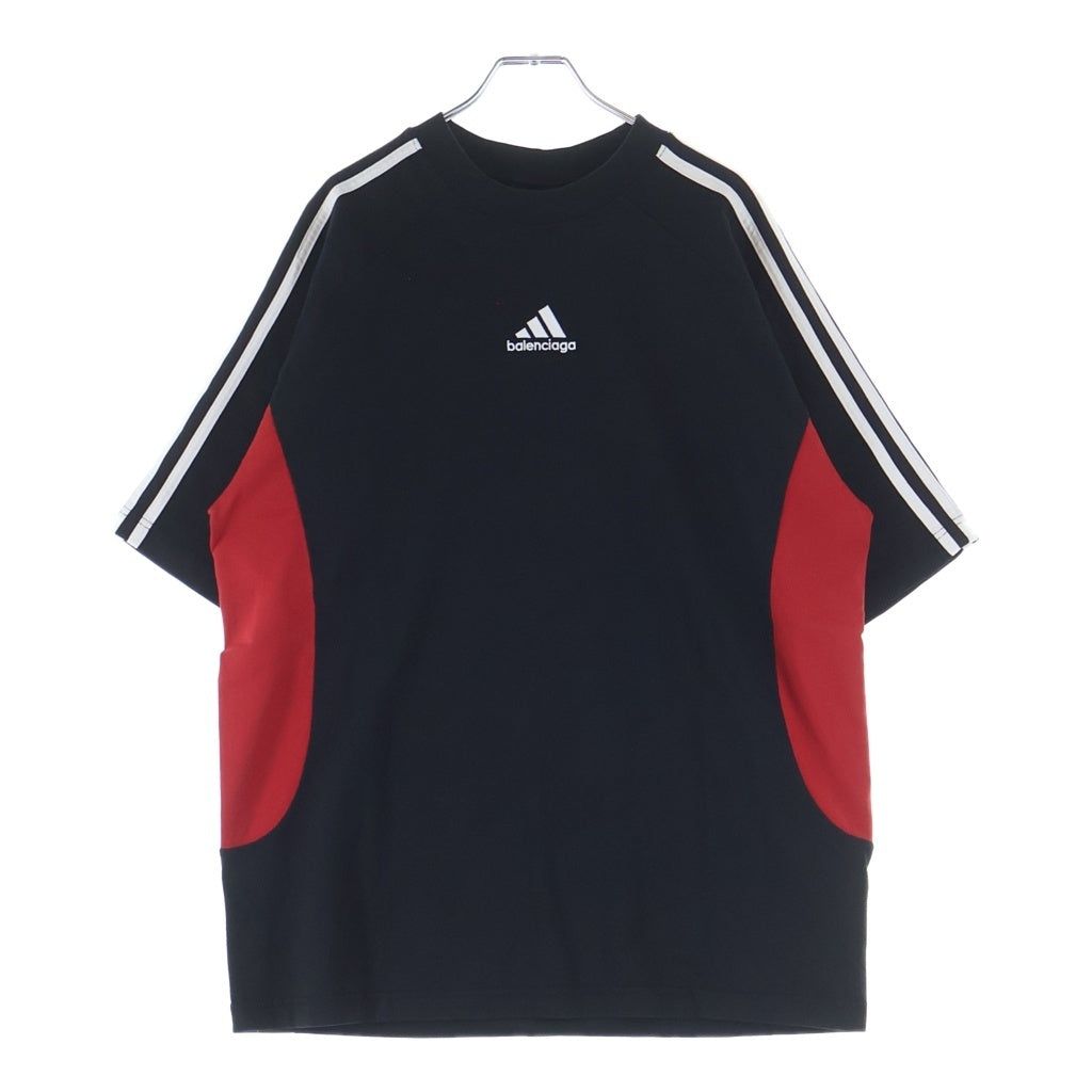BALENCIAGA(バレンシアガ) 23SS ×adidas フロントロゴ刺繍 サイドライン コットン切替 半袖Tシャツ カットソー ブラック/レッド 712401 TNVA6