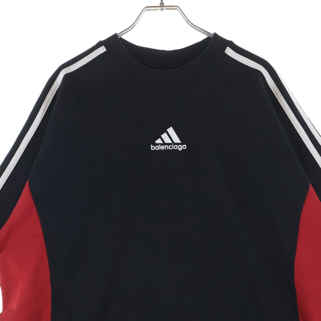 BALENCIAGA(バレンシアガ) 23SS ×adidas フロントロゴ刺繍 サイドライン コットン切替 半袖Tシャツ カットソー ブラック/レッド 712401 TNVA6