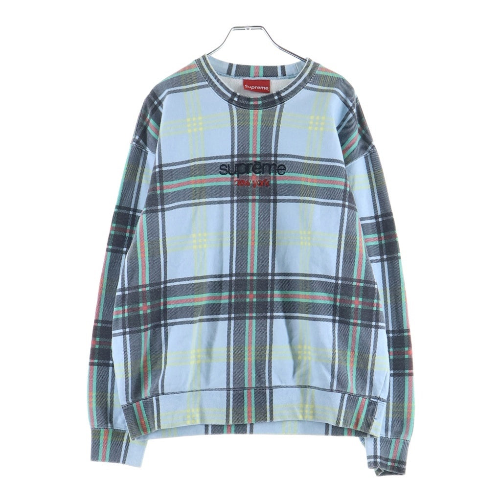 SUPREME(シュプリーム) 21SS Plaid Crewneck チェック総柄 フロントロゴ刺繍 クルーネック プルオーバースウェット トレーナー ライトブルー