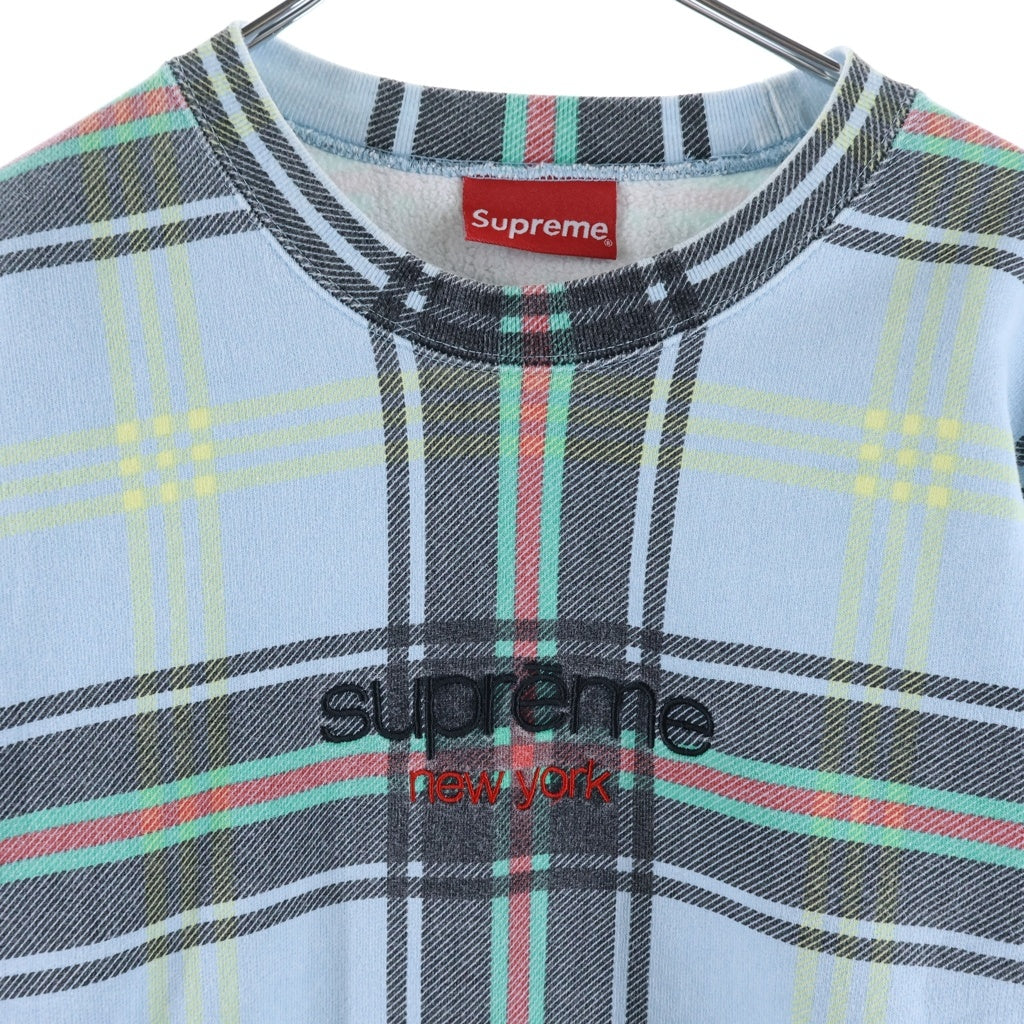 SUPREME(シュプリーム) 21SS Plaid Crewneck チェック総柄 フロントロゴ刺繍 クルーネック プルオーバースウェット トレーナー ライトブルー