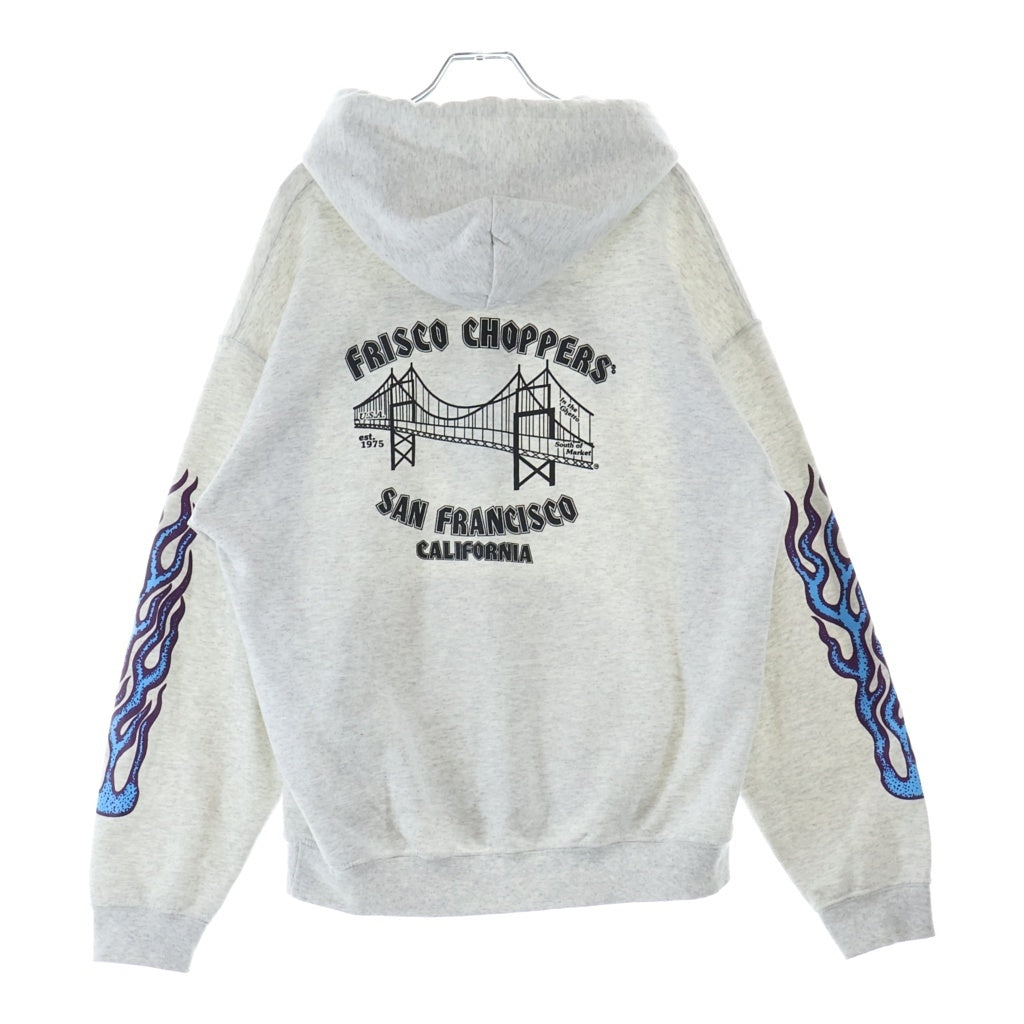 NO BRAND(ノーブランド) FRISCO CHOPPERS(フリスコチョッパーズ) 袖フレイムパターン 両面プリント プルオーバーパーカー フーディー グレー