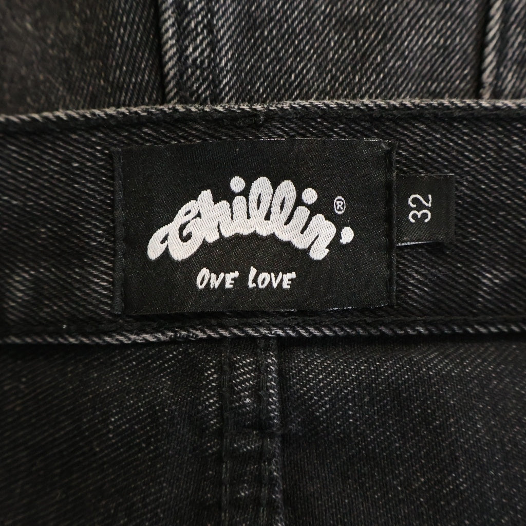 NO BRAND(ノーブランド) Chillin(チルイン) LIVE 2 CHILL ロゴ刺繍 ダブルニー デニムショーツ ハーフパンツ ブラック