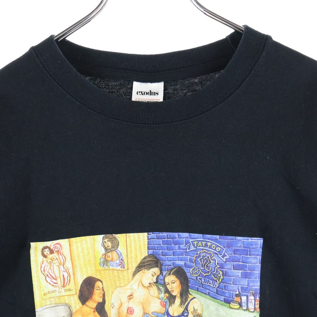 NO BRAND(ノーブランド) EXODUS(エクソダス) TATTOO STUDIO LIFE T SHIRT タトゥースタジオライフ フロントプリント 半袖Tシャツ カットソー ブラック