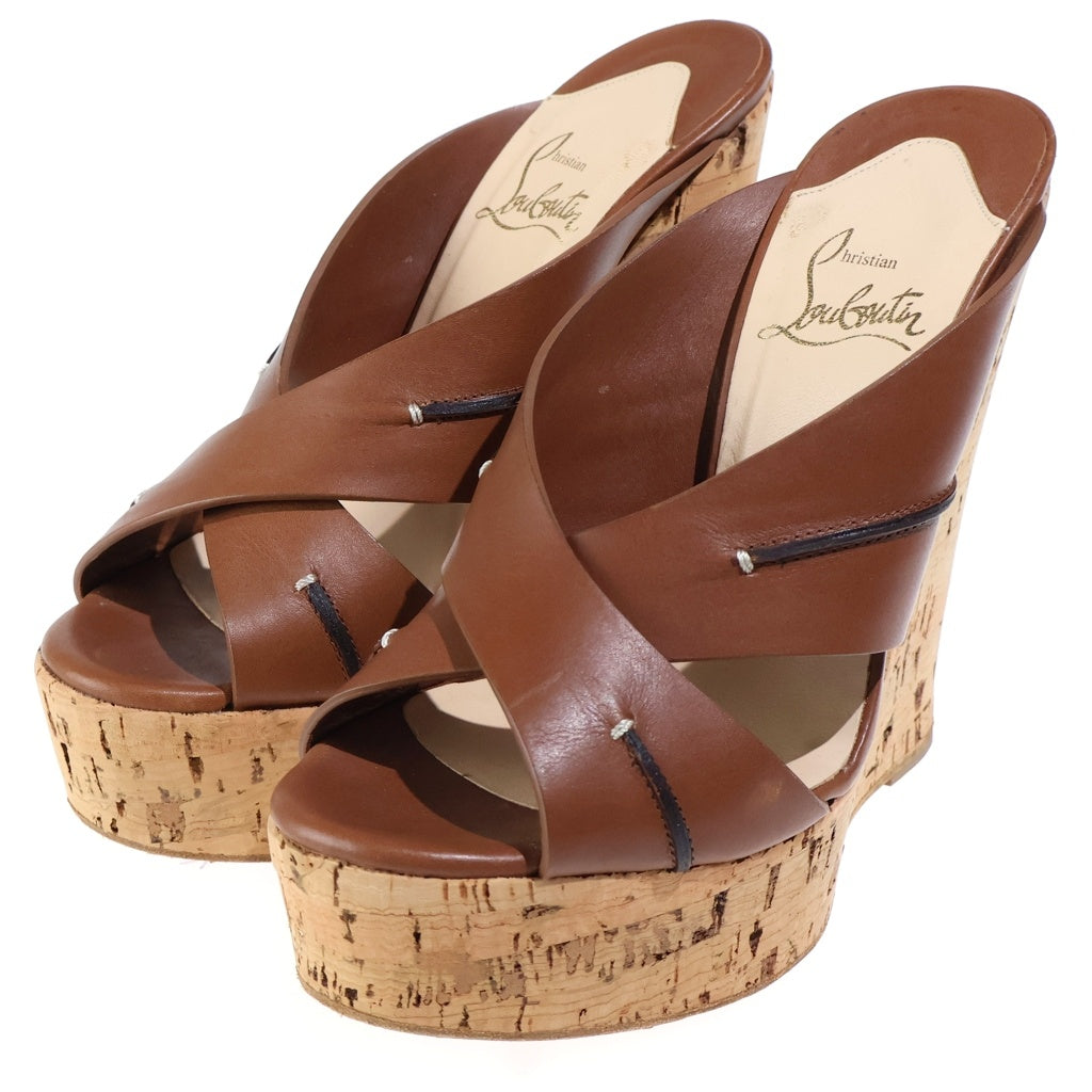CHRISTIAN LOUBOUTIN(クリスチャンルブタン) レザークロスストラップ コルクウェッジソール サンダル ハイヒール ブラウン レディース