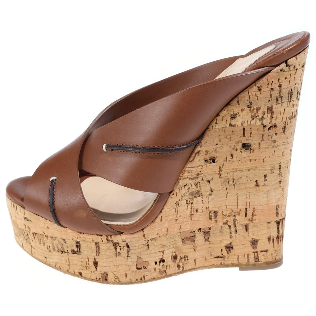 CHRISTIAN LOUBOUTIN(クリスチャンルブタン) レザークロスストラップ コルクウェッジソール サンダル ハイヒール ブラウン レディース