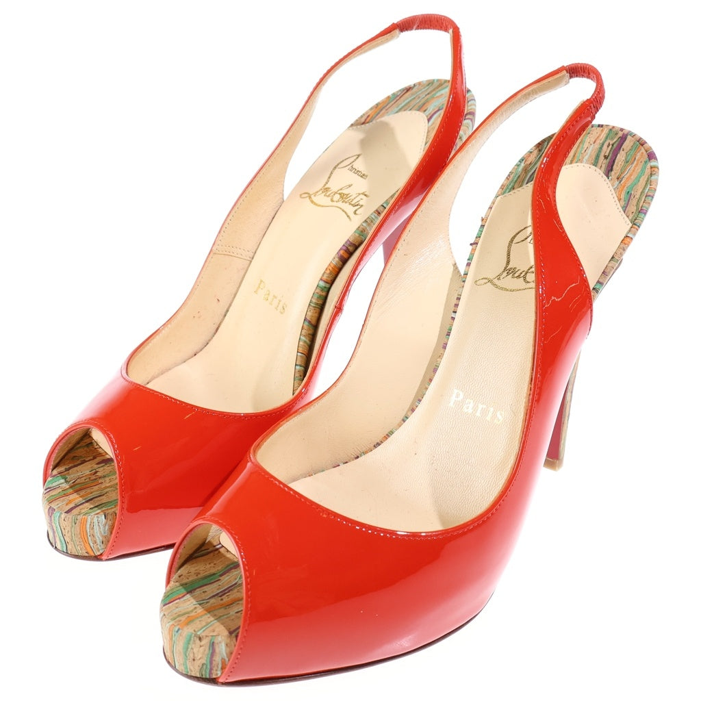CHRISTIAN LOUBOUTIN(クリスチャンルブタン) オープリントゥ・スリングバック・ハイヒール パテントレザー マルチカラーウッド プラットフォーム サンダル レッド レディース