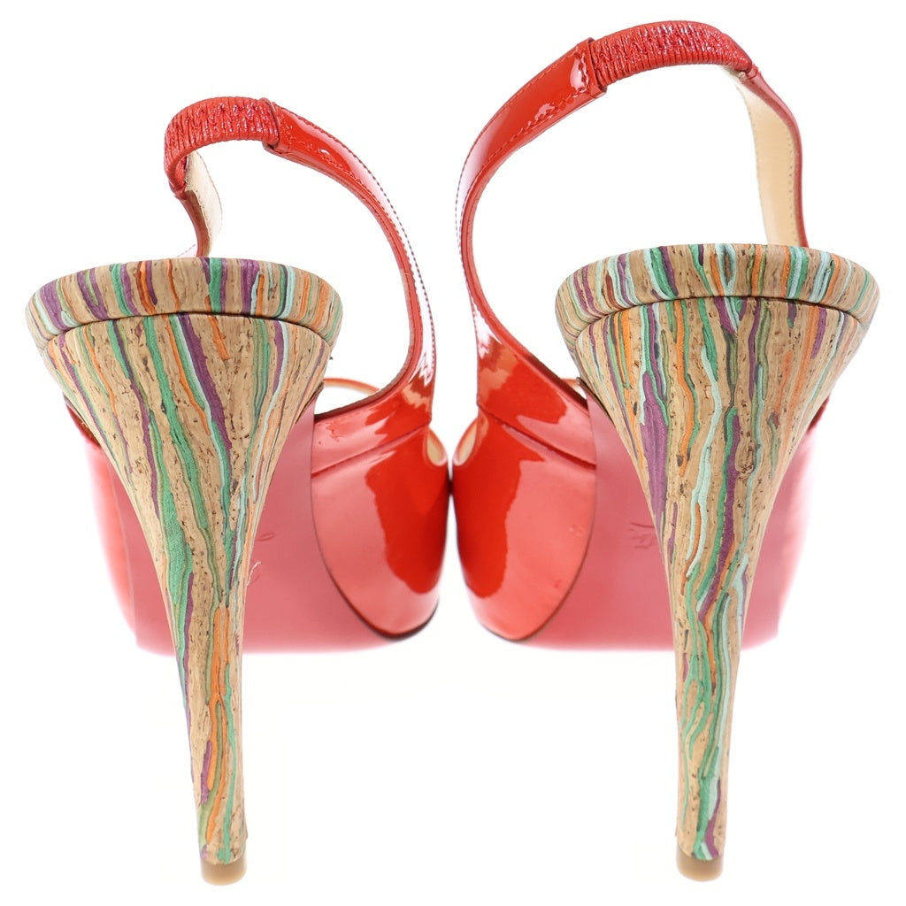 CHRISTIAN LOUBOUTIN(クリスチャンルブタン) オープリントゥ・スリングバック・ハイヒール パテントレザー マルチカラーウッド プラットフォーム サンダル レッド レディース