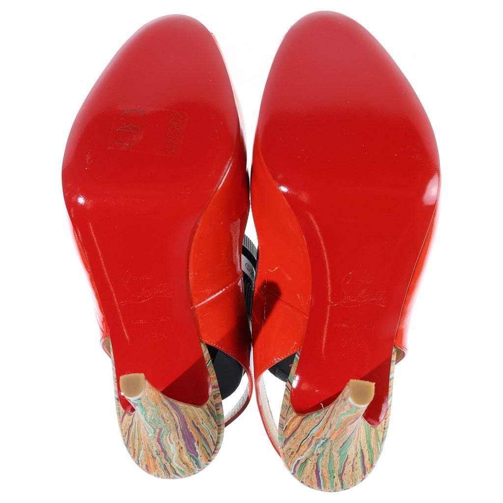 CHRISTIAN LOUBOUTIN(クリスチャンルブタン) オープリントゥ・スリングバック・ハイヒール パテントレザー マルチカラーウッド プラットフォーム サンダル レッド レディース