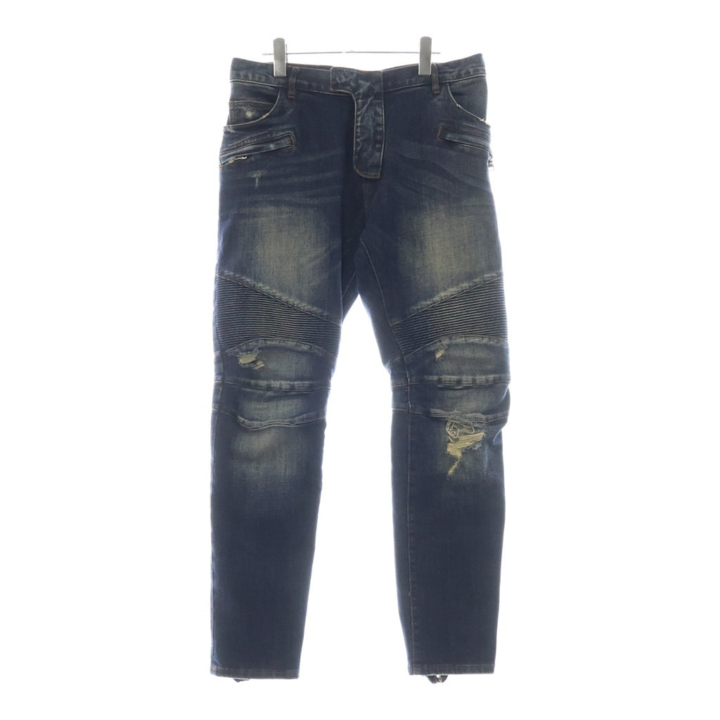 BALMAIN(バルマン) バイカーデニム ダメージ加工 キルティングステッチ ジーンズ パンツ インディゴ
