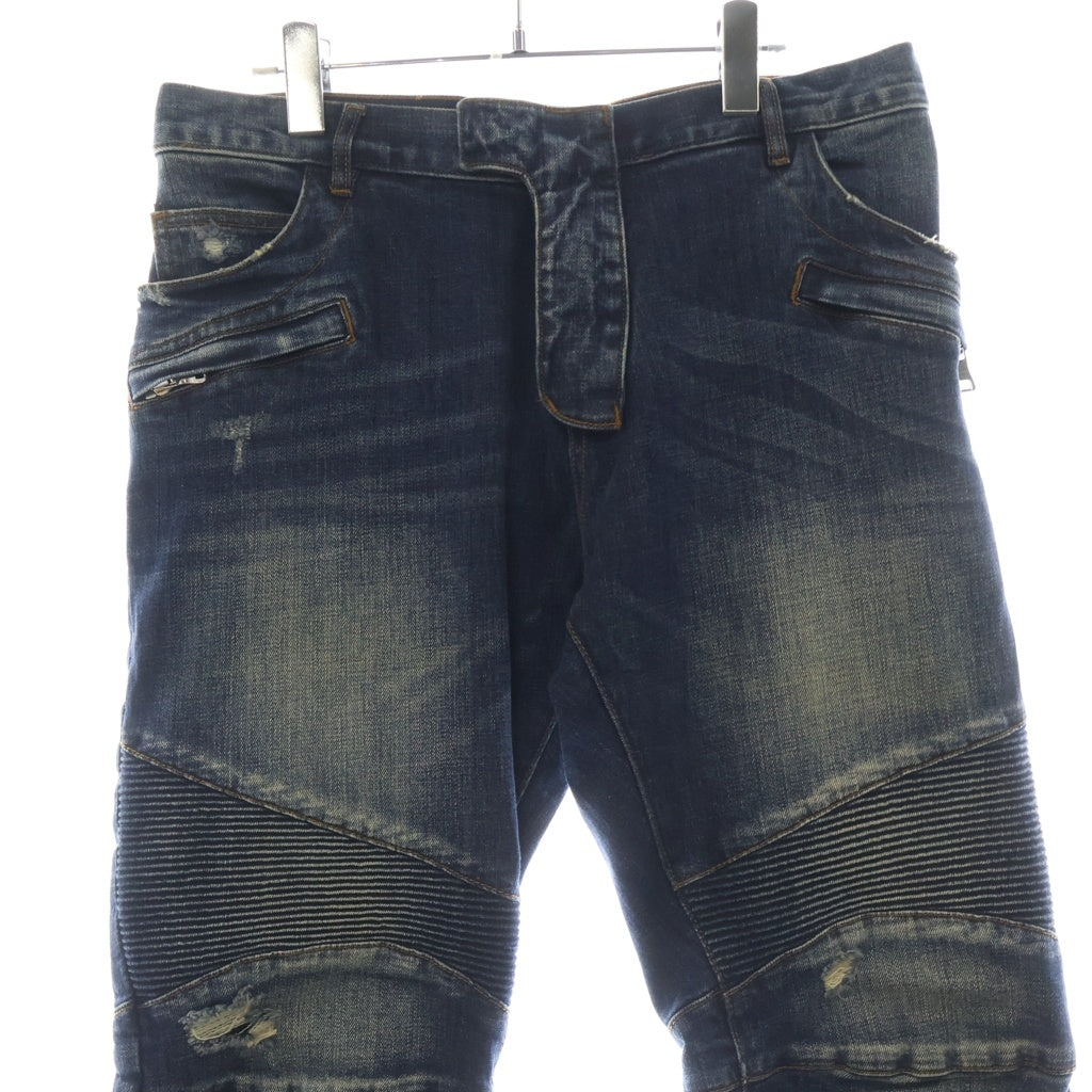 BALMAIN(バルマン) バイカーデニム ダメージ加工 キルティングステッチ ジーンズ パンツ インディゴ