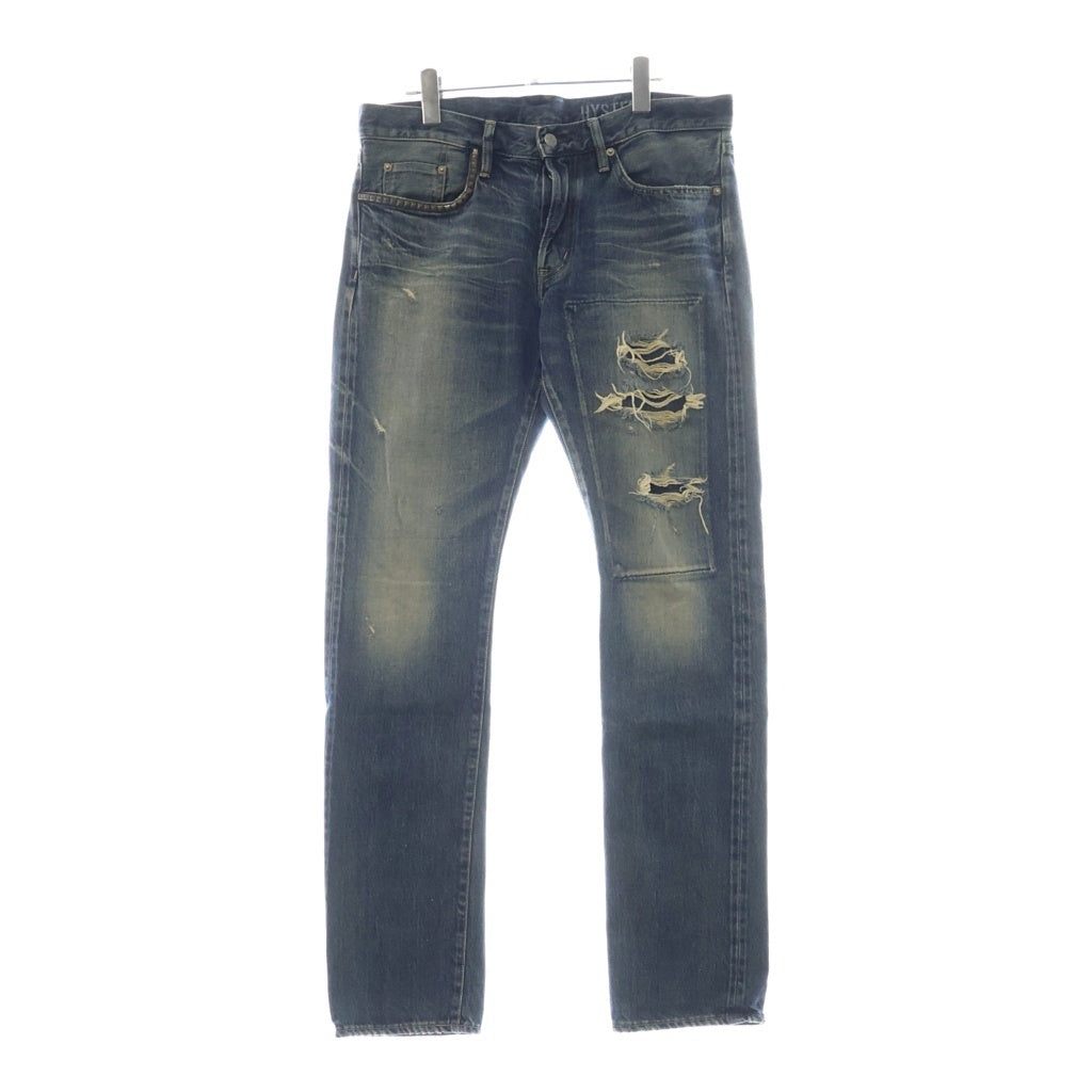 HYSTERIC GLAMOUR(ヒステリックグラマー) PF加工 スリムストレートデニムダメージ加工 ピラミッドスタッズ ジーンズ パンツ インディゴ