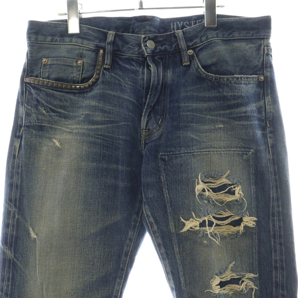 HYSTERIC GLAMOUR(ヒステリックグラマー) PF加工 スリムストレートデニムダメージ加工 ピラミッドスタッズ ジーンズ パンツ インディゴ