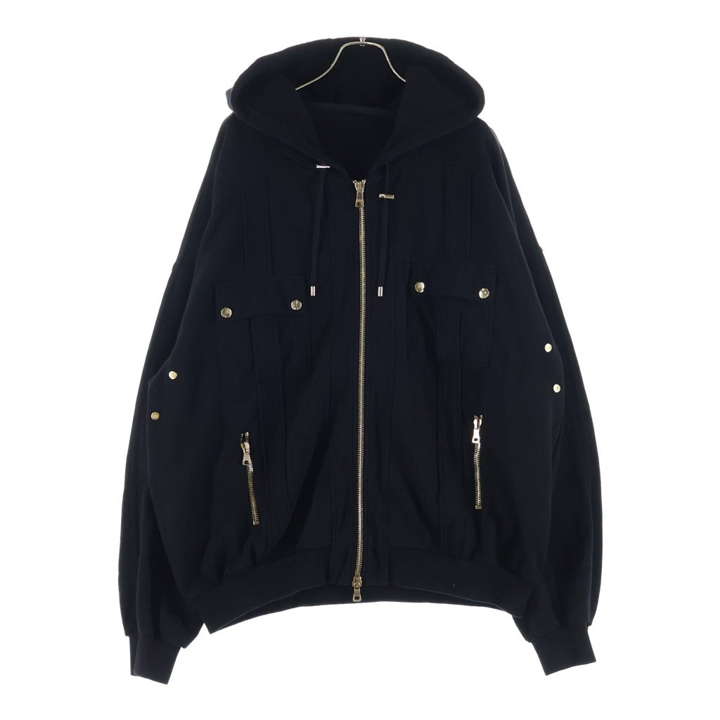 BALMAIN(バルマン) Asymmetric Zip Hooded Sweatshirt エンボス加工 アシンメトリージップアップスウェットパーカー ブラック W7H6106JO12M