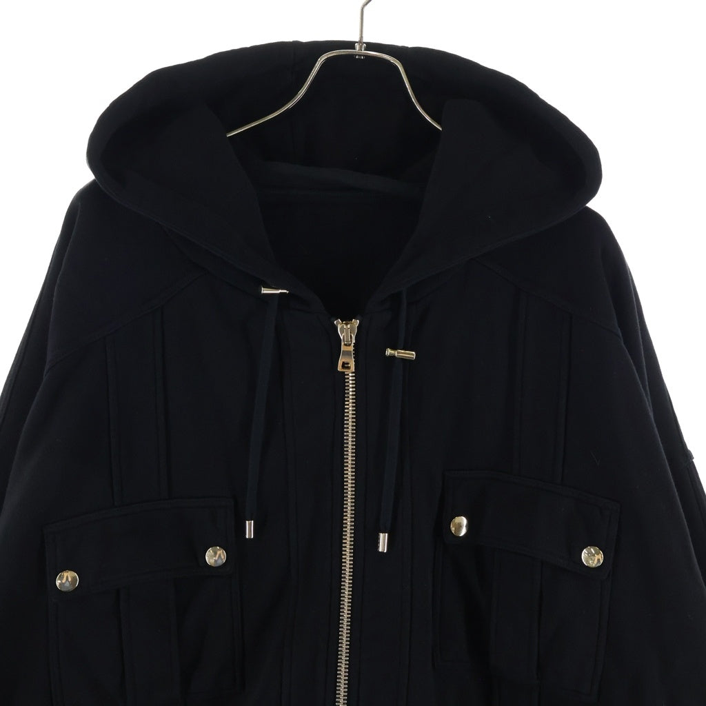 BALMAIN(バルマン) Asymmetric Zip Hooded Sweatshirt エンボス加工 アシンメトリージップアップスウェットパーカー ブラック W7H6106JO12M