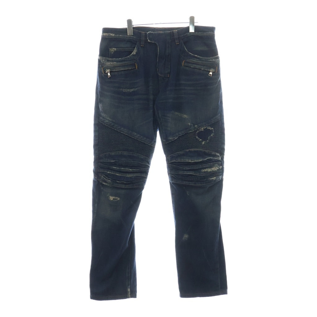 BALMAIN(バルマン) バイカーデニム キルティングステッチ ダメージ加工 ジップポケット ジーンズ パンツ インディゴ