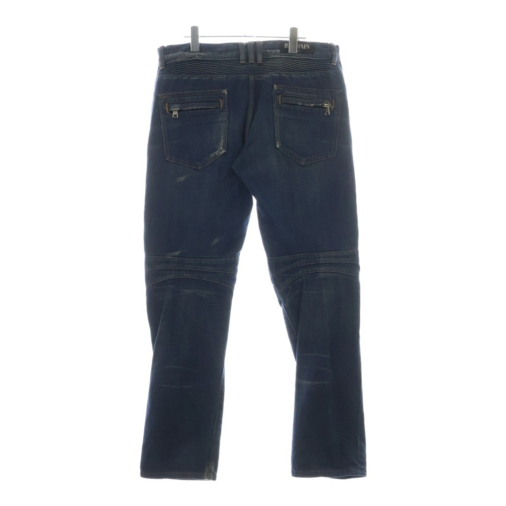 BALMAIN(バルマン) バイカーデニム キルティングステッチ ダメージ加工 ジップポケット ジーンズ パンツ インディゴ