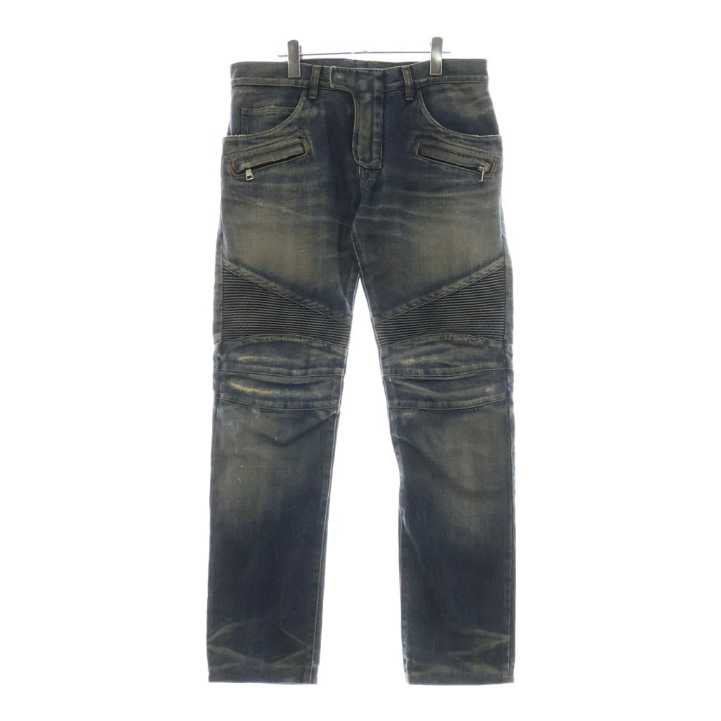 BALMAIN(バルマン) バイカーデニム キルティングステッチ ダメージ加工 ジップポケット ジーンズ パンツ インディゴ