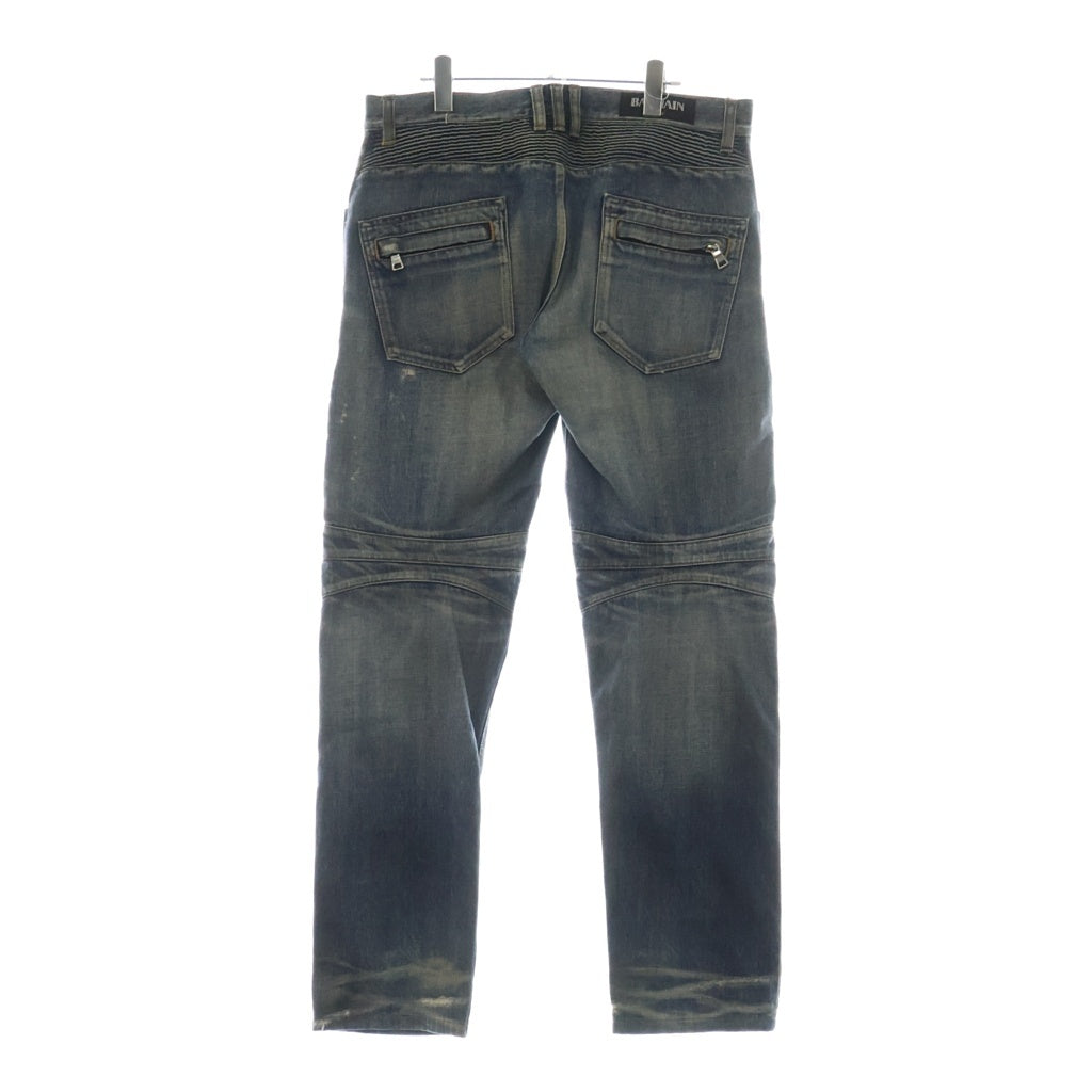 BALMAIN(バルマン) バイカーデニム キルティングステッチ ダメージ加工 ジップポケット ジーンズ パンツ インディゴ