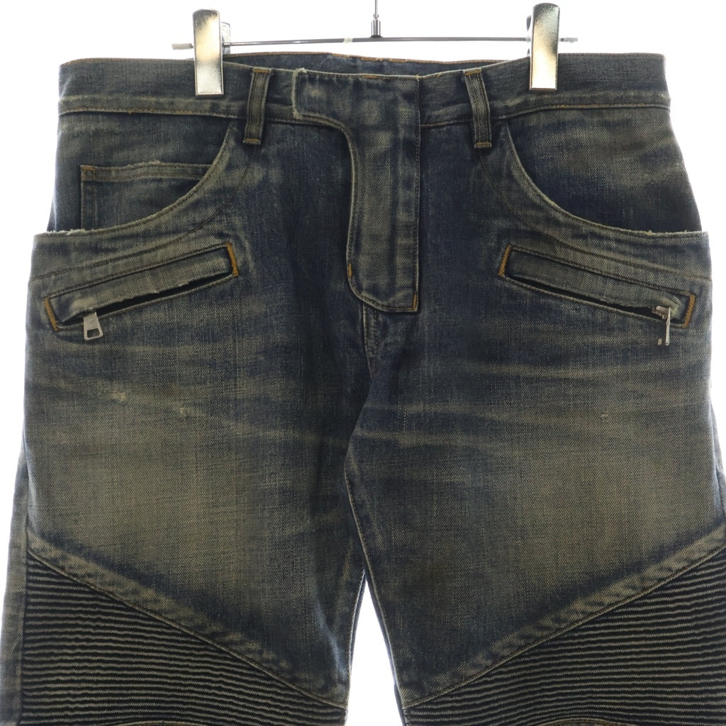 BALMAIN(バルマン) バイカーデニム キルティングステッチ ダメージ加工 ジップポケット ジーンズ パンツ インディゴ