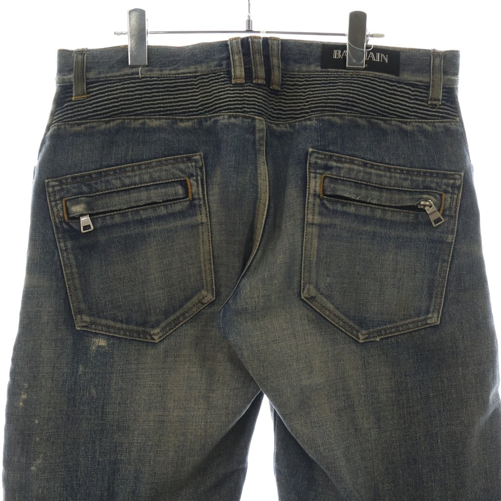 BALMAIN(バルマン) バイカーデニム キルティングステッチ ダメージ加工 ジップポケット ジーンズ パンツ インディゴ