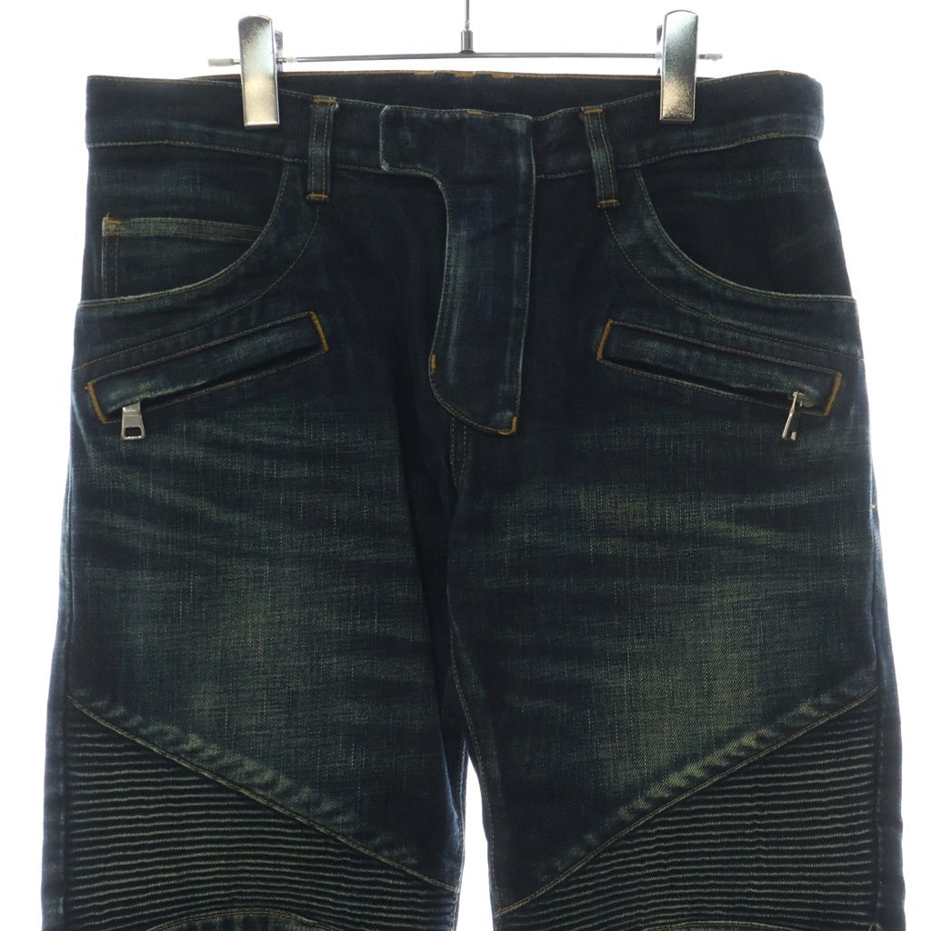 BALMAIN(バルマン) バイカーデニム キルティングステッチ ダメージ加工 ジップポケット ジーンズ パンツ インディゴ