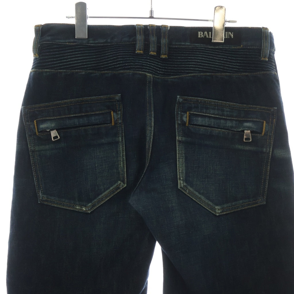 BALMAIN(バルマン) バイカーデニム キルティングステッチ ダメージ加工 ジップポケット ジーンズ パンツ インディゴ