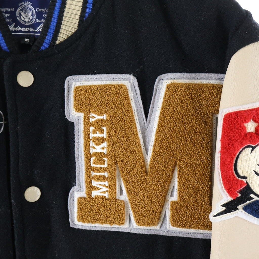 AVIREX(アヴィレックス) DISNEY MICKEY レザー切替 裏地キルティング メルトン バーシティ スタジアムジャケットブルゾン ネイビー/ホワイト