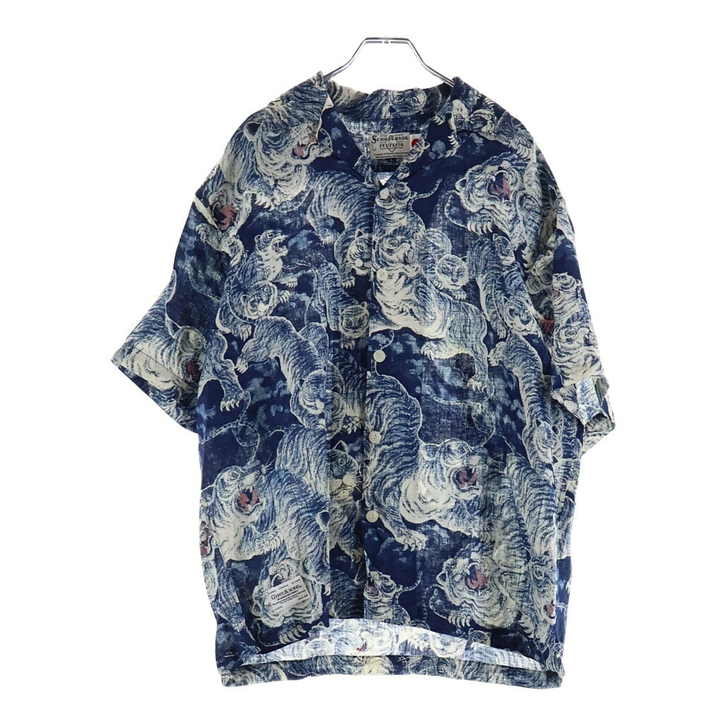 SCHOTT(ショット) ×GYPSY&SONS INDIGO SHIRT ジプシー&サンズ 百虎総柄 リネン ボタントップ 半袖シャツ インディゴ