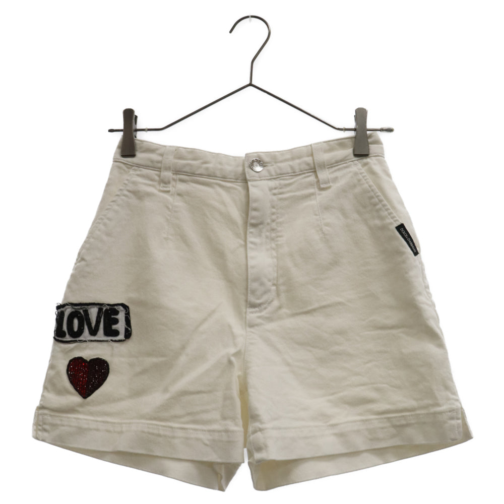DOLCE & GABBANA(ドルチェアンドガッバーナ) LOVE ビーズ パッチ デニム ショート パンツ ショーツ ホワイト FTAIDZ レディース