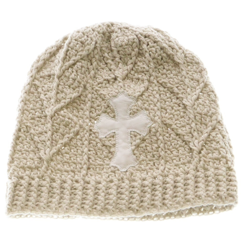 CHROME HEARTS(クロムハーツ) Cashmere Leather knit beanie カシミヤ ビーニー レザークロスパッチ クロスボールボタン ニットキャップ ベージュ