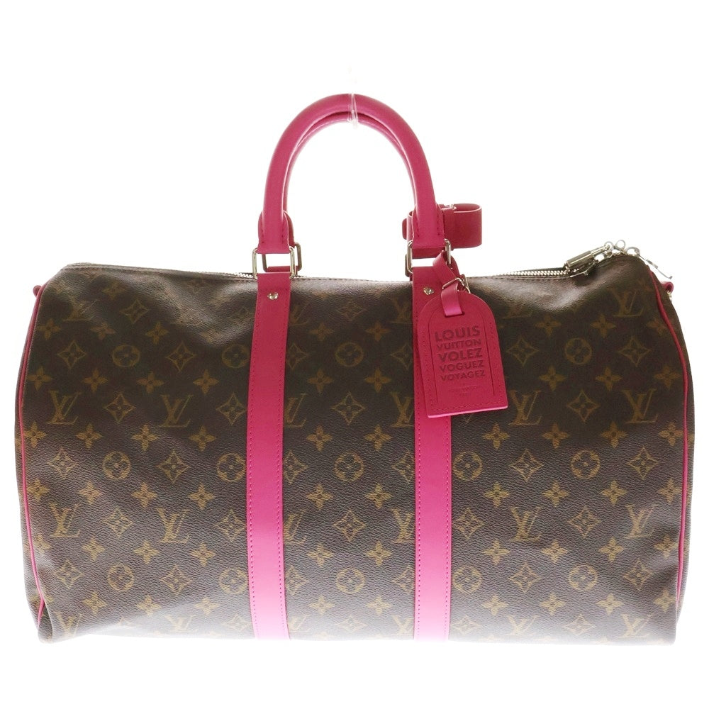 LOUIS VUITTON(ルイヴィトン) キーポル・バンドリエール 45 モノグラム ロゴストラップ付 2WAY ショルダー ボストン バッグ ブラウン/ピンク ICチップ有 M13807