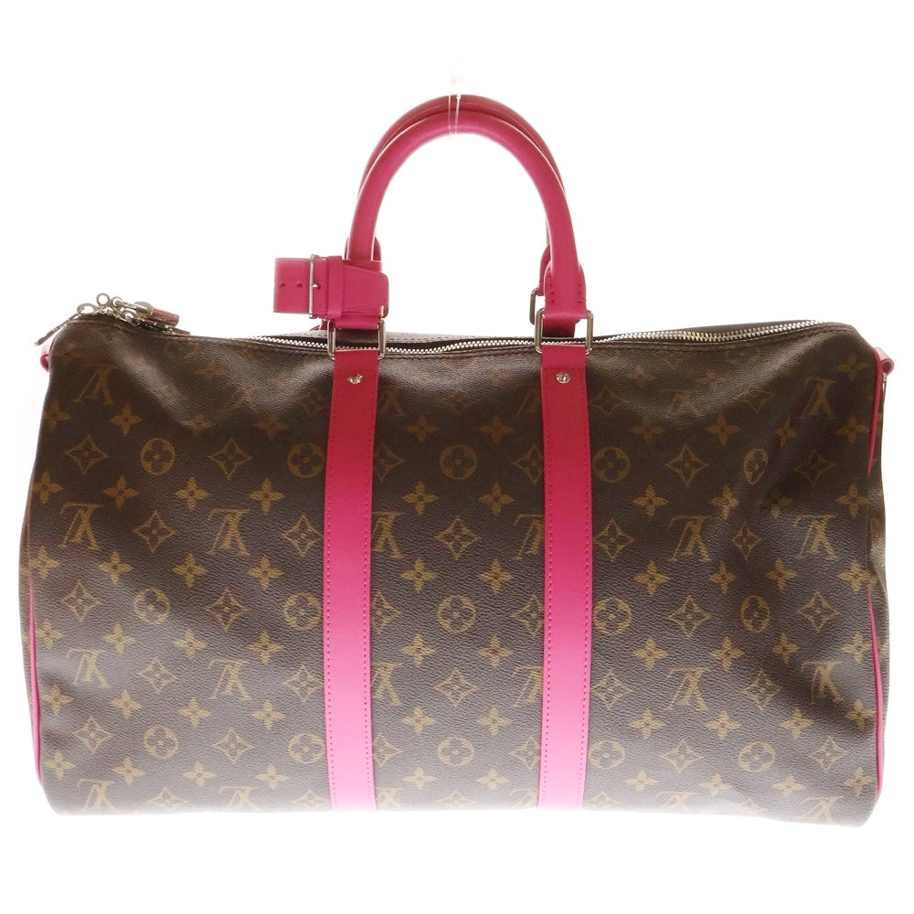 LOUIS VUITTON(ルイヴィトン) キーポル・バンドリエール 45 モノグラム ロゴストラップ付 2WAY ショルダー ボストン バッグ ブラウン/ピンク ICチップ有 M13807