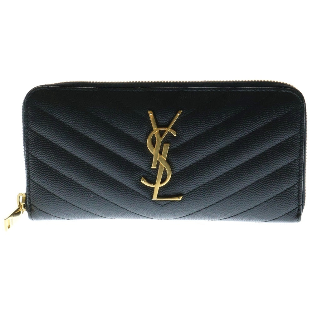 SAINT LAURENT PARIS(サンローランパリ) YSLロゴ カサンドラ Vライン グレインレザー ラウンドジップ ロングウォレット 財布 ブラック/ゴールド 358094