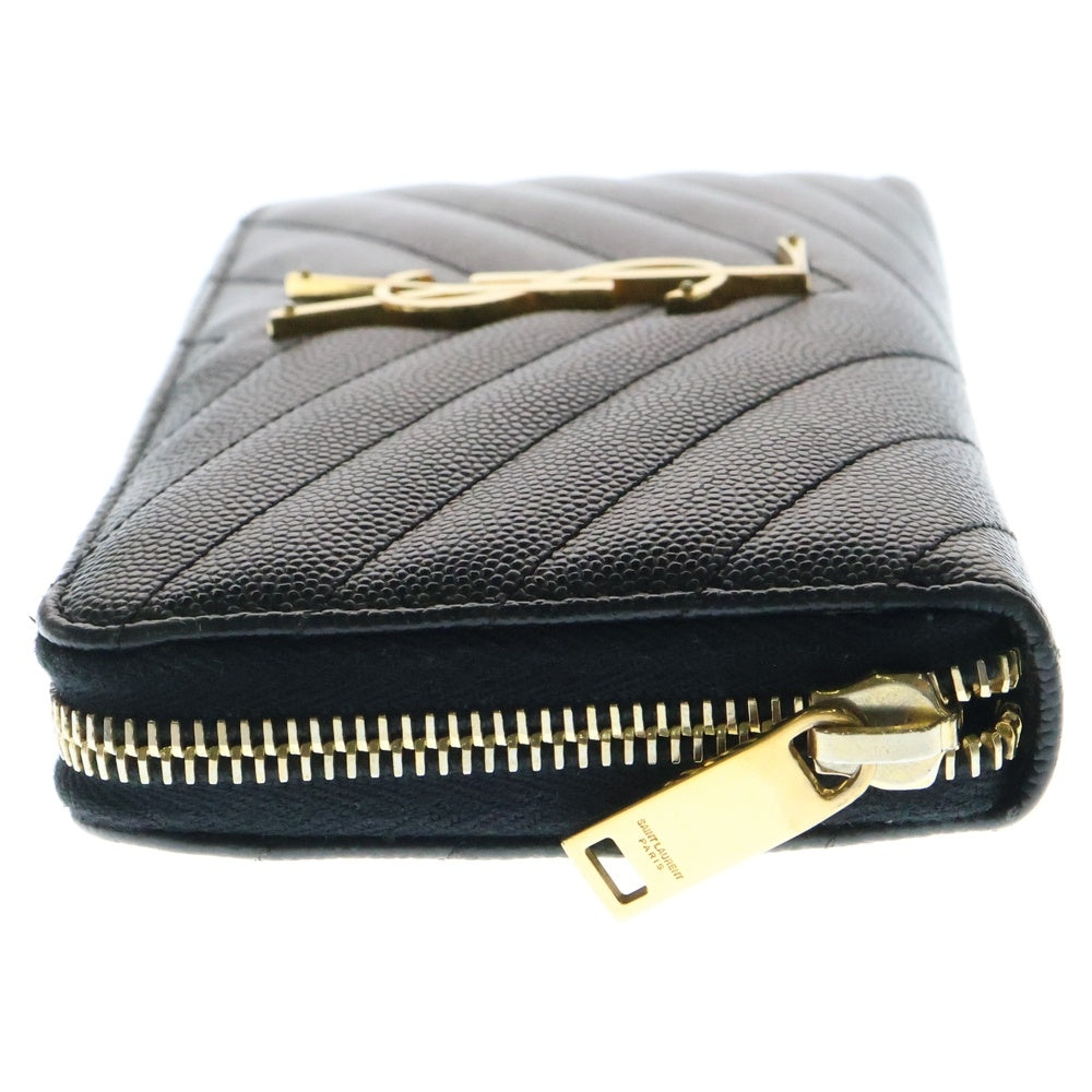 SAINT LAURENT PARIS(サンローランパリ) YSLロゴ カサンドラ Vライン グレインレザー ラウンドジップ ロングウォレット 財布 ブラック/ゴールド 358094