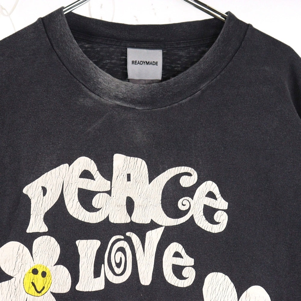 READY MADE(レディメイド) 24SS T-SHIRT PEACE ピース 両面プリント ダメージ加工 クルーネック カットソー 半袖Tシャツ ブラック RE-CO-BK-00-00-280
