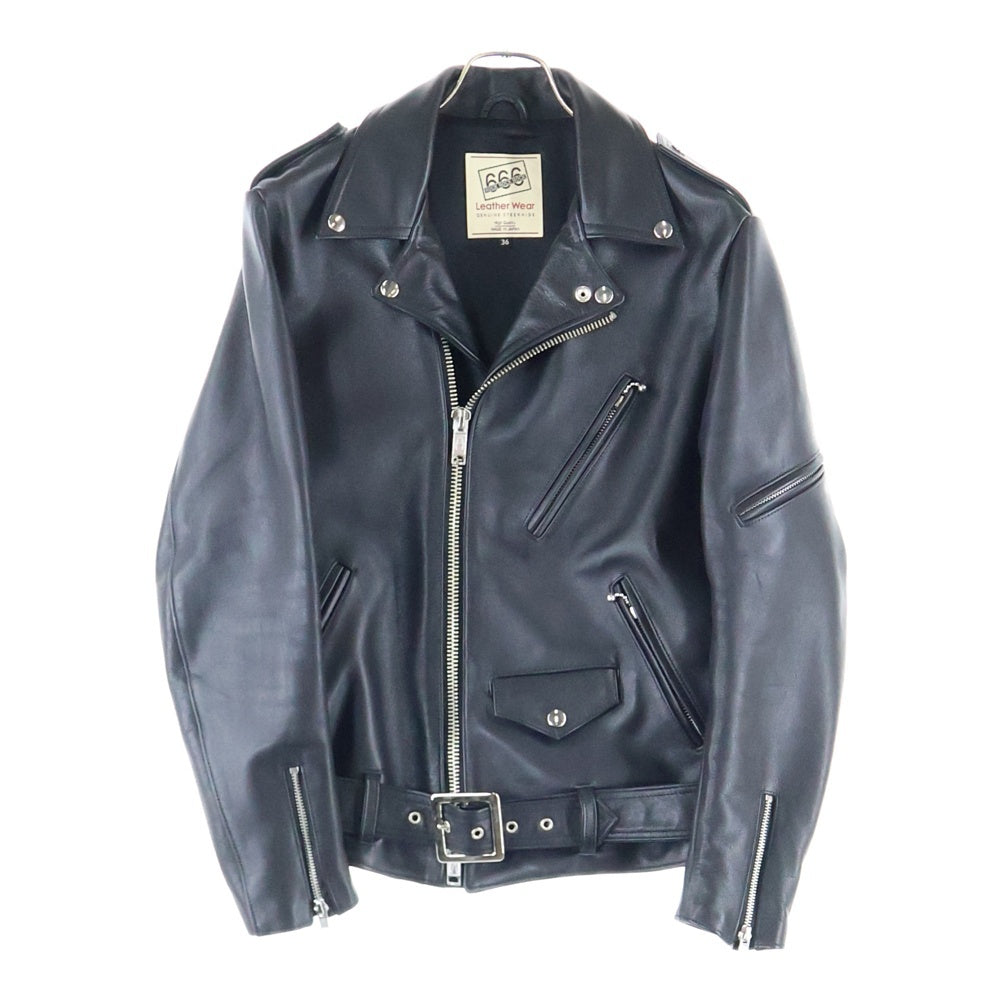 666 LEATHER WEAR(トリプルシックスレザーウェア) タイトフィット フロントベルト ライダースジャケット ブラック LJM-10TF