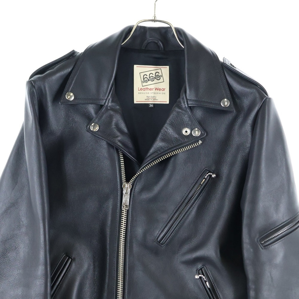 666 LEATHER WEAR(トリプルシックスレザーウェア) タイトフィット フロントベルト ライダースジャケット ブラック LJM-10TF
